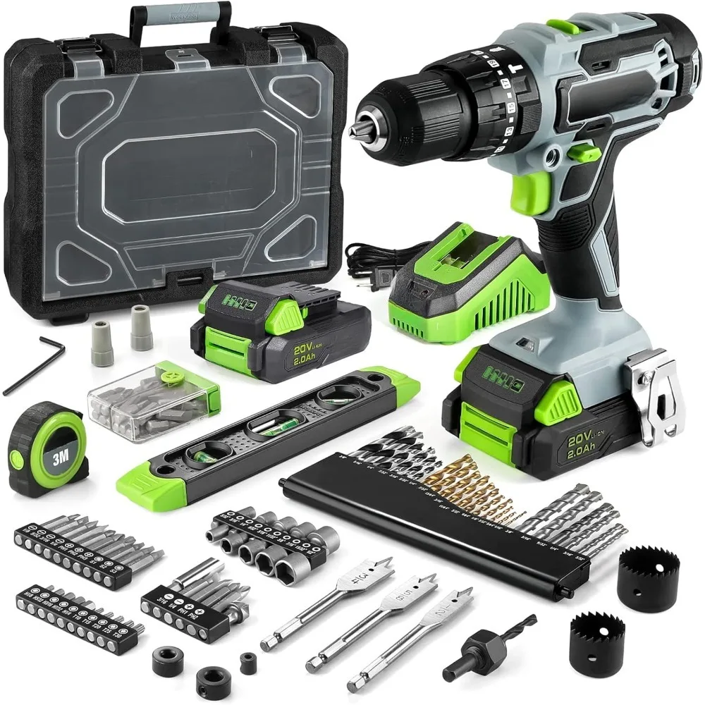 

Electric Power Impact Drill Tool with 102 Pieces Accessories, 2 x 2.0Ah Li-ion Batteries with Fast Charger
