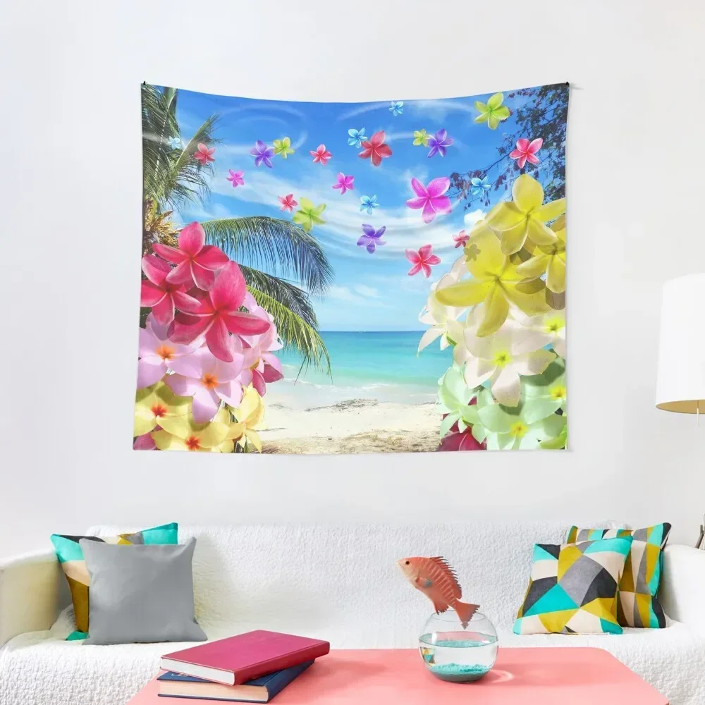 

Tropical Beach and Exotic Plumeria Flowers Tapestry Wall Decor Hanging Home Decorations Aesthetic Tapestry