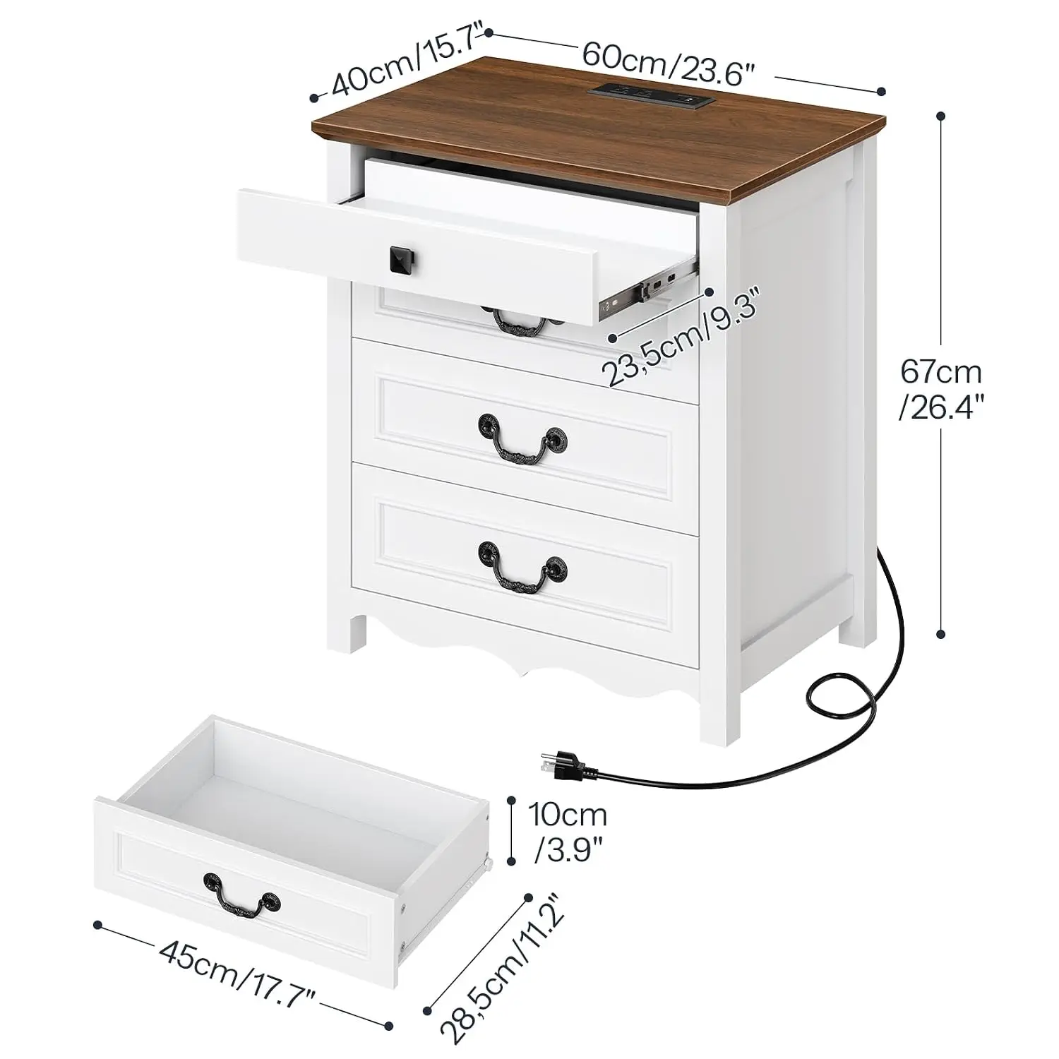 Farmhouse Nightstand Charging Station 4 Drawers 26.4