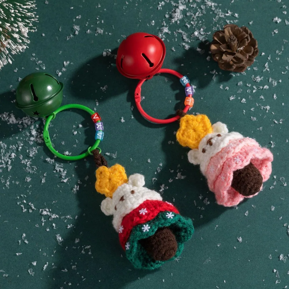 Exquisite Handmade Christmas Knitted Hanging Ornament Yarn with Bell Xmas Crochet Keychain Soft Mini Christmas Bag Charm Gift