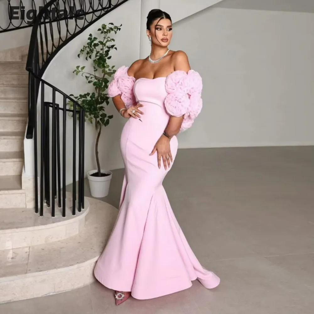 Eightale Pink Evening Dress Stretchy Customized Sweetheart Flowers Short Sleeves Mermaid Prom Gown Party Dress robe de soiree