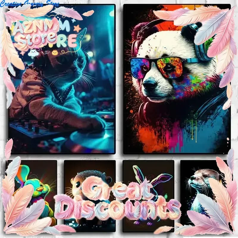 Pop Art Colorful Neon Animals DJ Music Poster Aesthetic Capybara Cat Dog Panda Rabbit Canvas Print Wall Art Mural Room Decor