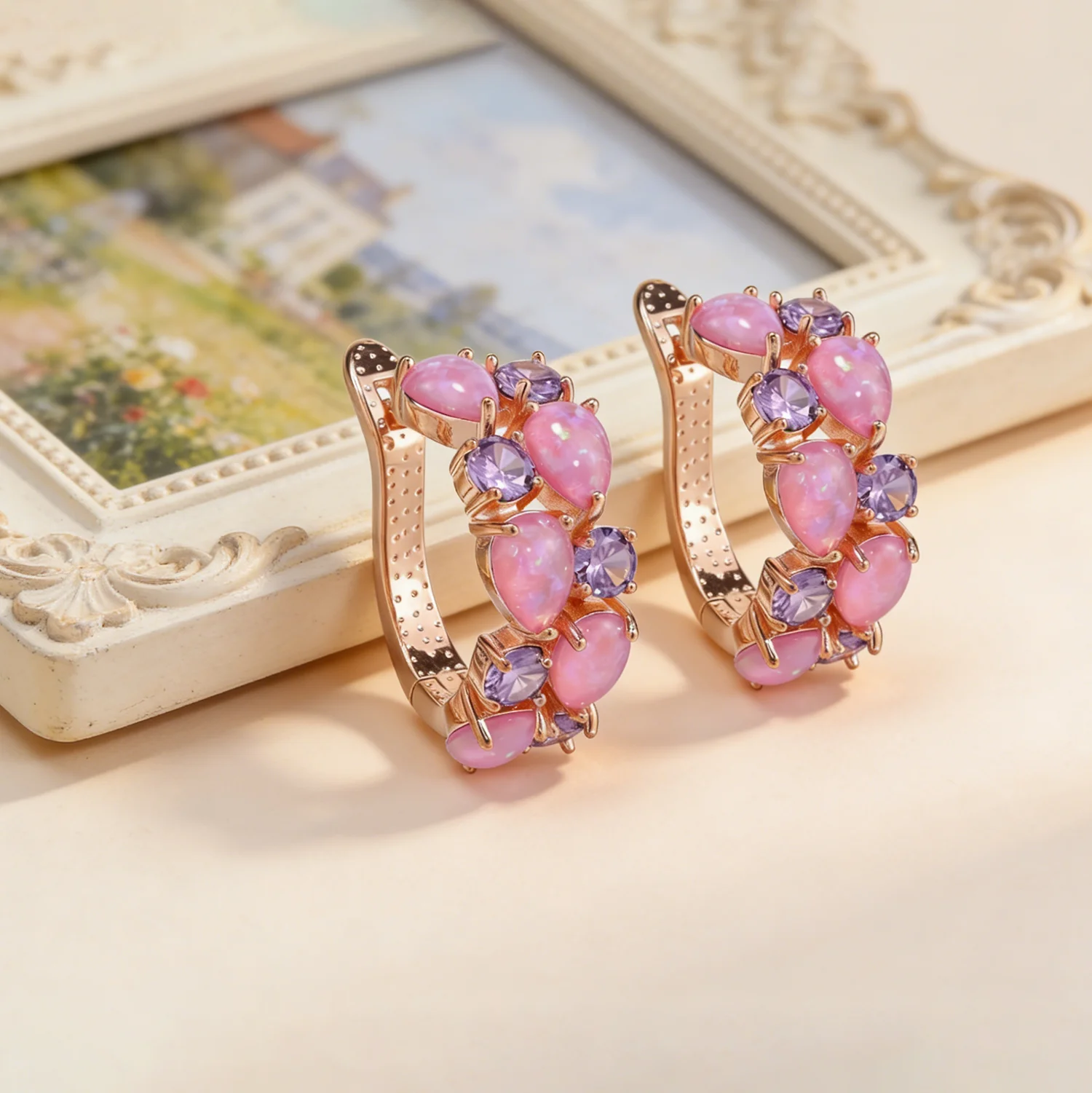 New Dainty Pink Opal Purple Round Zircon Earrings Women\'s Boho Trendy Fine Jewelry Holiday Wear Anniversaries Cute Gift for Girl