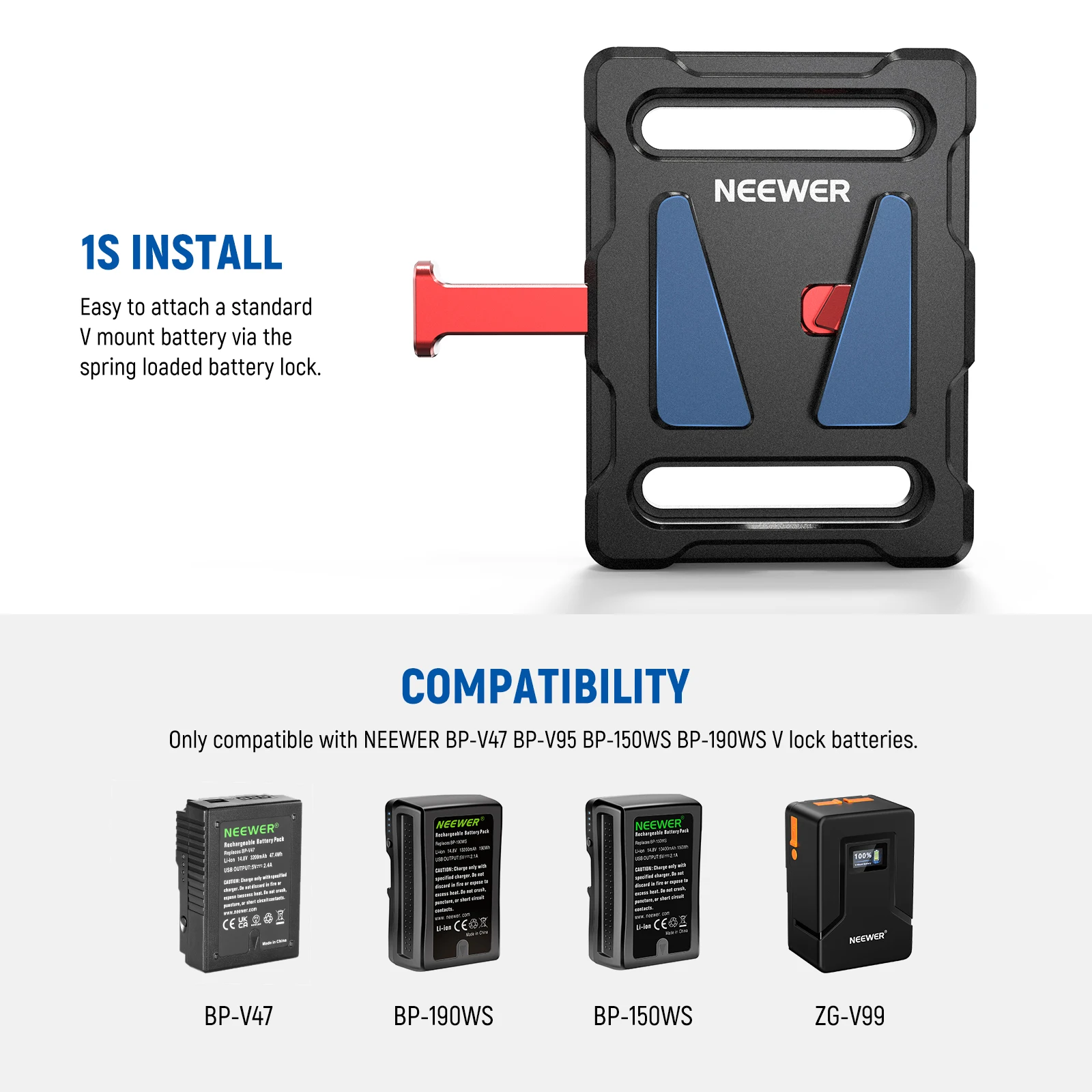 NEEWER Mini V Mount Battery Plate for BP-V47 BP-V95 BP-150WS BP-190WS with 1/4