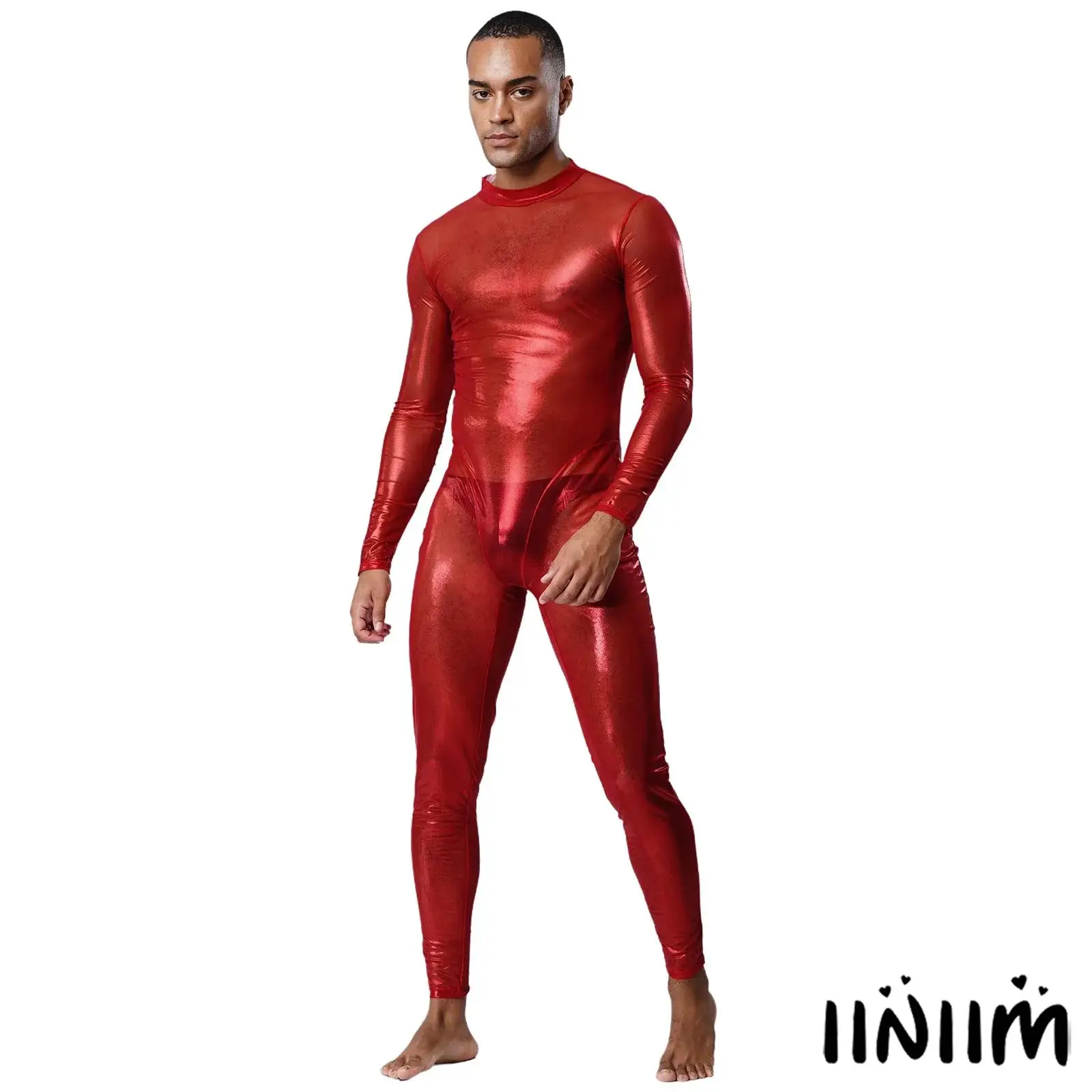 

Men Metallic Shiny Full Body Unitard Long Sleeve Long Pants Back Zipper Catsuit Bodysuit Leggings Tights Sheer Jumpsuit Clubwear