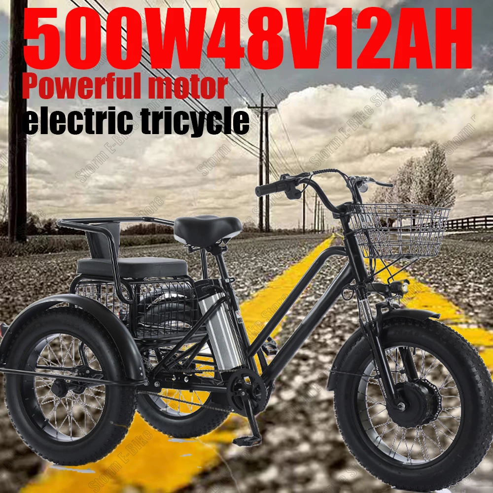 500W güçlü Motor 48vlithium lityum pil kargo elektrikli üç tekerlekli bisiklet 20-inch kalın lastik seyahat elektrikli üç tekerlekli bisiklet kar e-bisiklet
