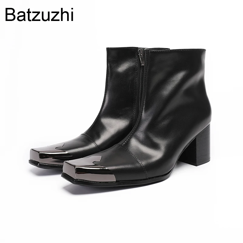 

Batzuzhi 7cm High Heels Men's Boots Shoes Square Toe Black Genuine Leather Ankle Boots Man Knight Handsome Party & Wedding Boots