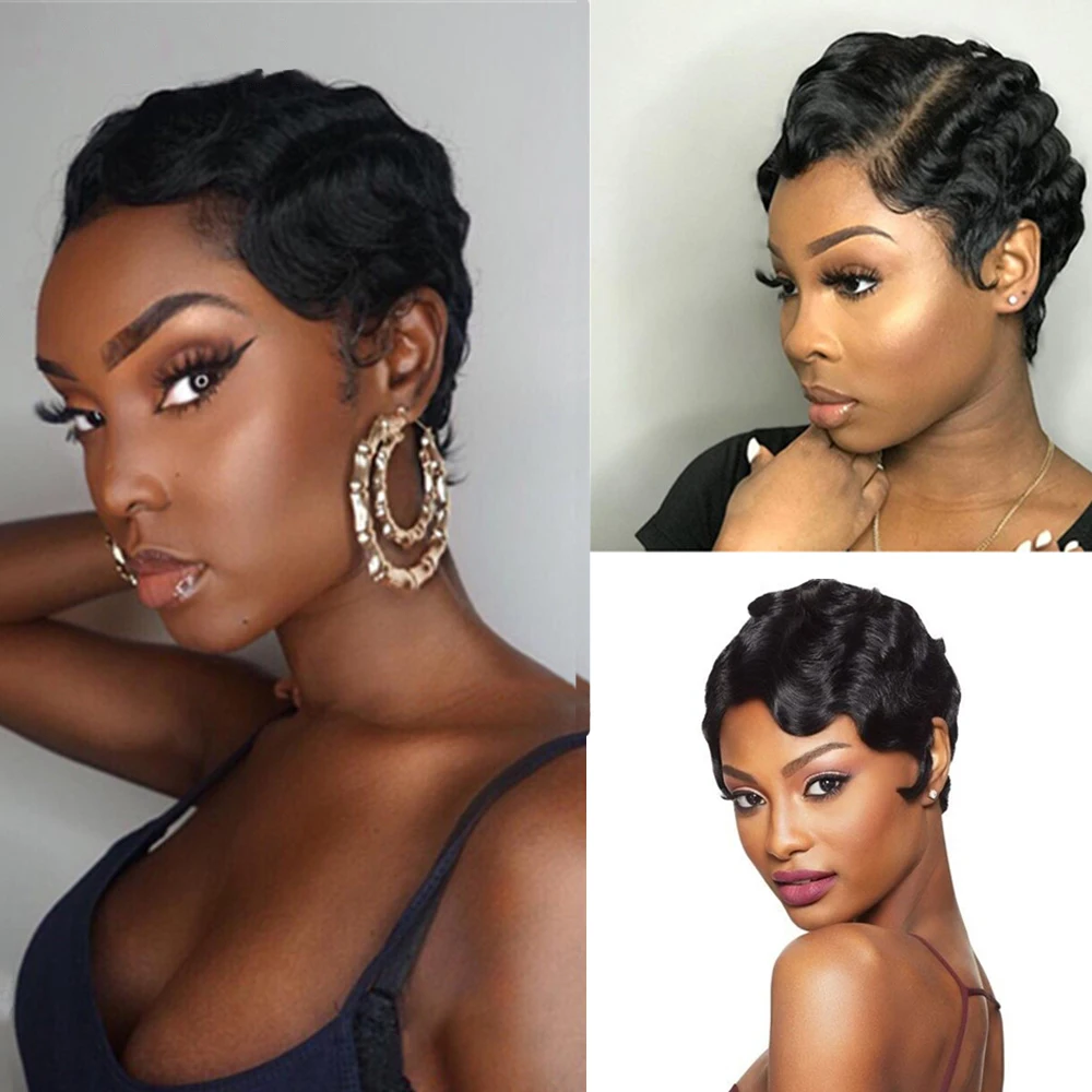 Short Pixie Cut Wig Full Machine Made Human Hair Wig  Finger Wave Remy Hair Wig Ocean Wave Wig for Women