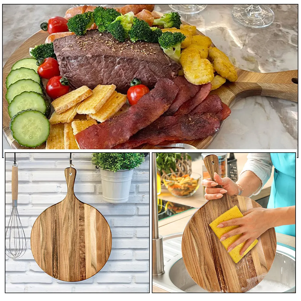 

Round Wooden Serving Board Natural Wood Tray for Pizza Steak Cheese Charcuterie Dessert Snacks Home Kitchen Decoration Food