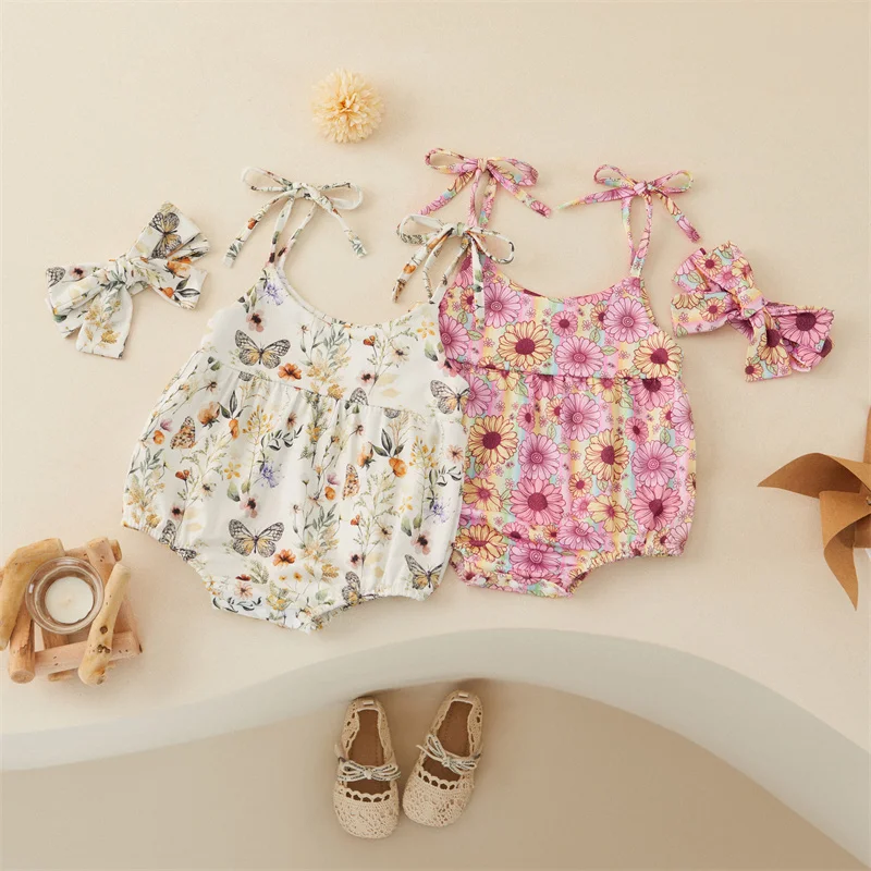 

Tregren 0-18M Baby Girl Daisy Print Romper Newborn Infant Tie-Up Sling Butterfly Print Bodysuit with Bow Headband Summer Clothes