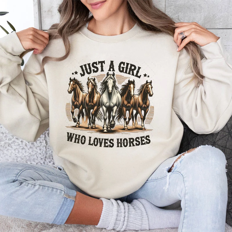 Just A Girl Who Loves Horses Sweatshirt Hoodie Funny Horse Lover Gift Western Boho Pullover Farm Casual Daily Sweatshirt Jumper