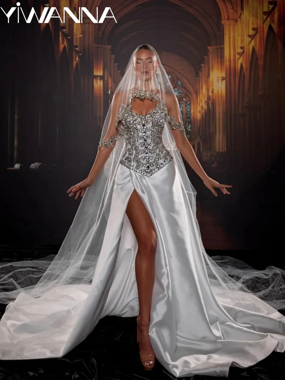 Sparkling Rhinestones Satin Wedding Dress Stunning Strapless High Slit Bridal Gown Customized Exquisite Long Dresses For Bride