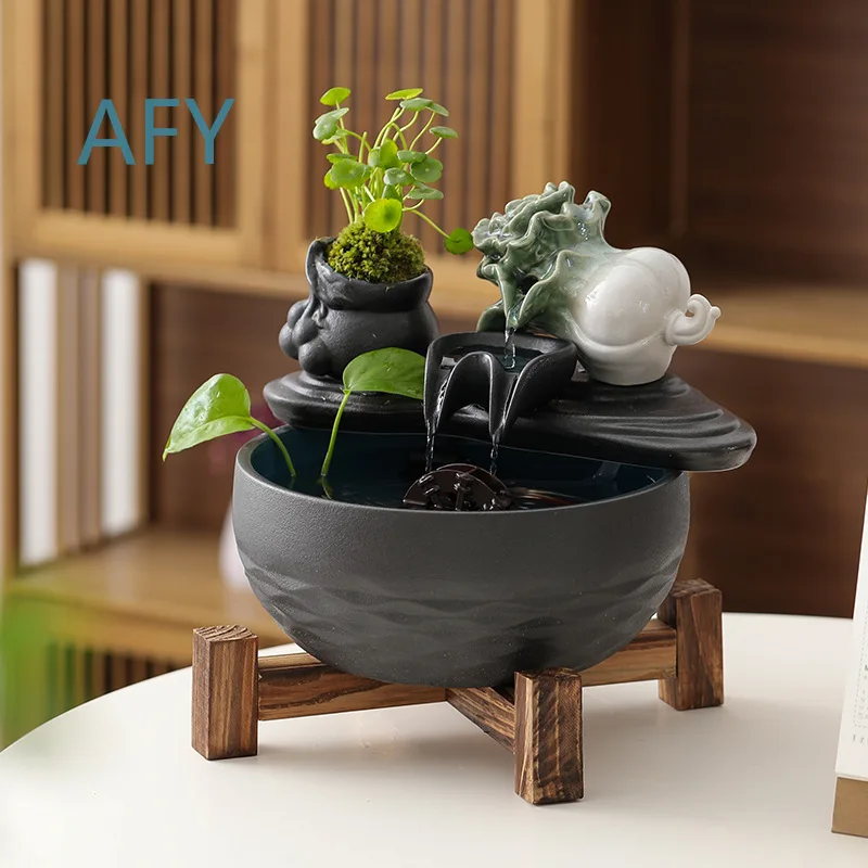 Ceramic Flowing Water Fountain Decor for Living Room Tea Table Desk Office Opening Housewarming Fish Tank Decoration Water
