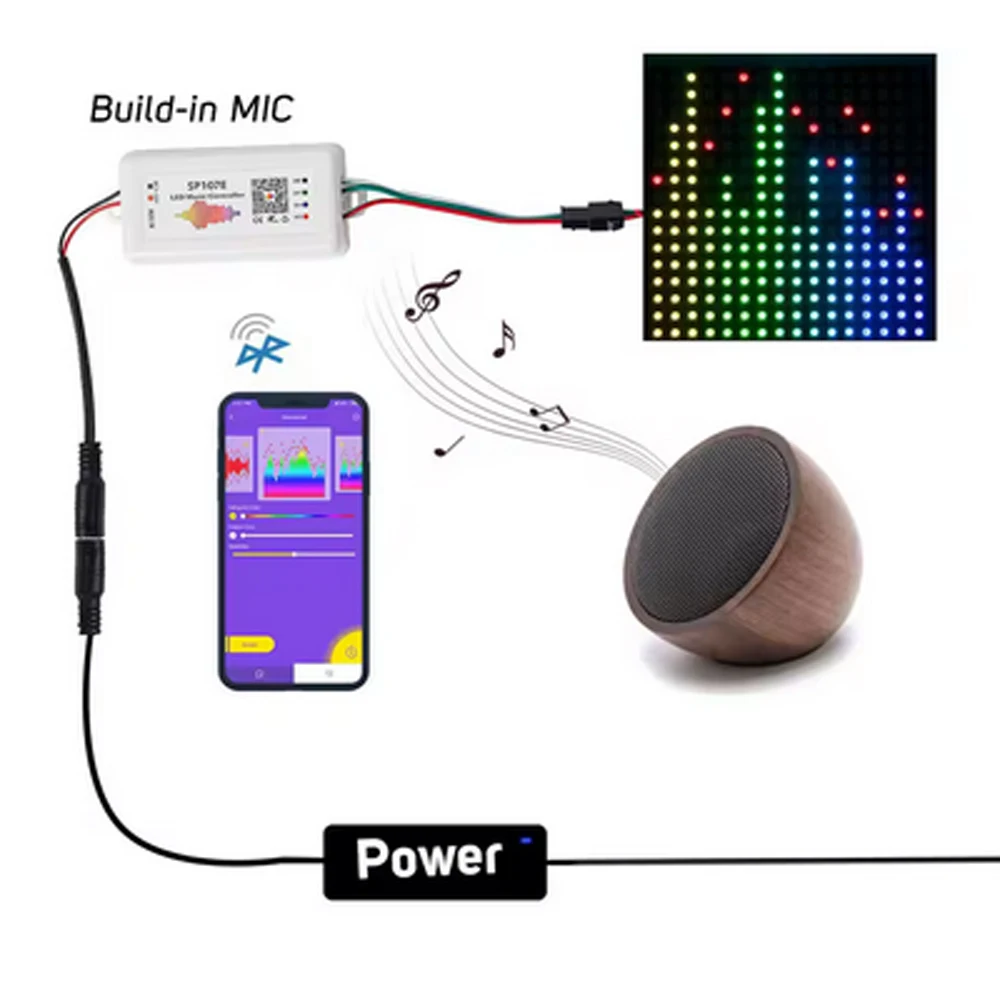 SP107E DC5-24V LED Music Controller With Wireless Bluetooth-compatible SPI Full Color Music Control By Phone APP For WS2812B