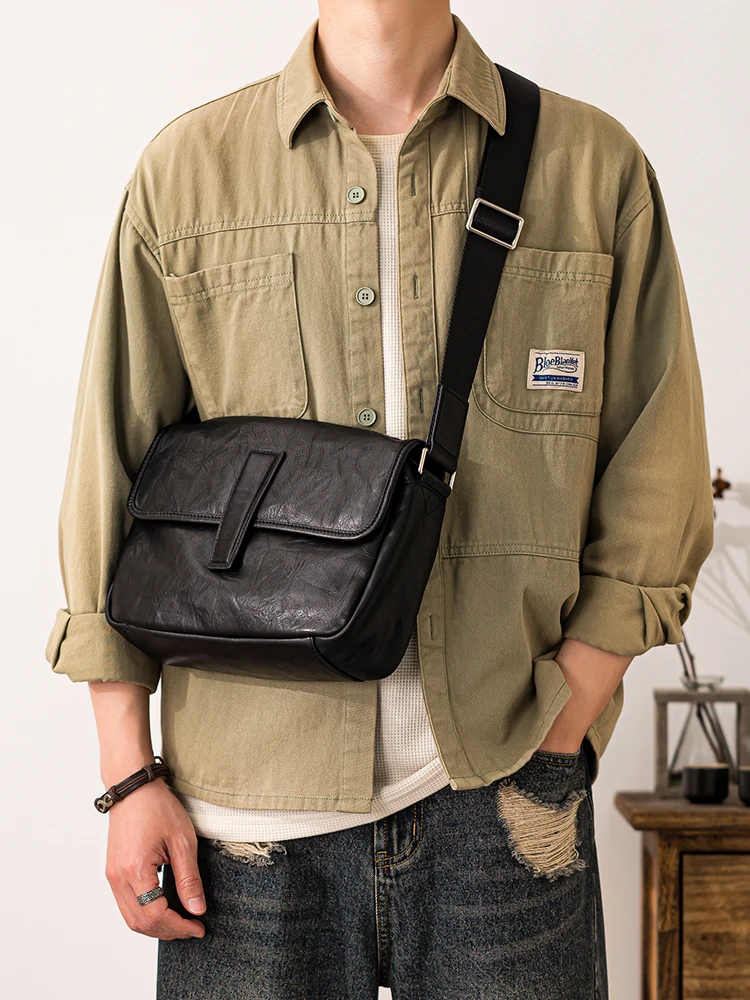 Outdoor casual luxury genuine leather men's black shoulder bag daily work handmade real cowhide teens tablets crossbody bag