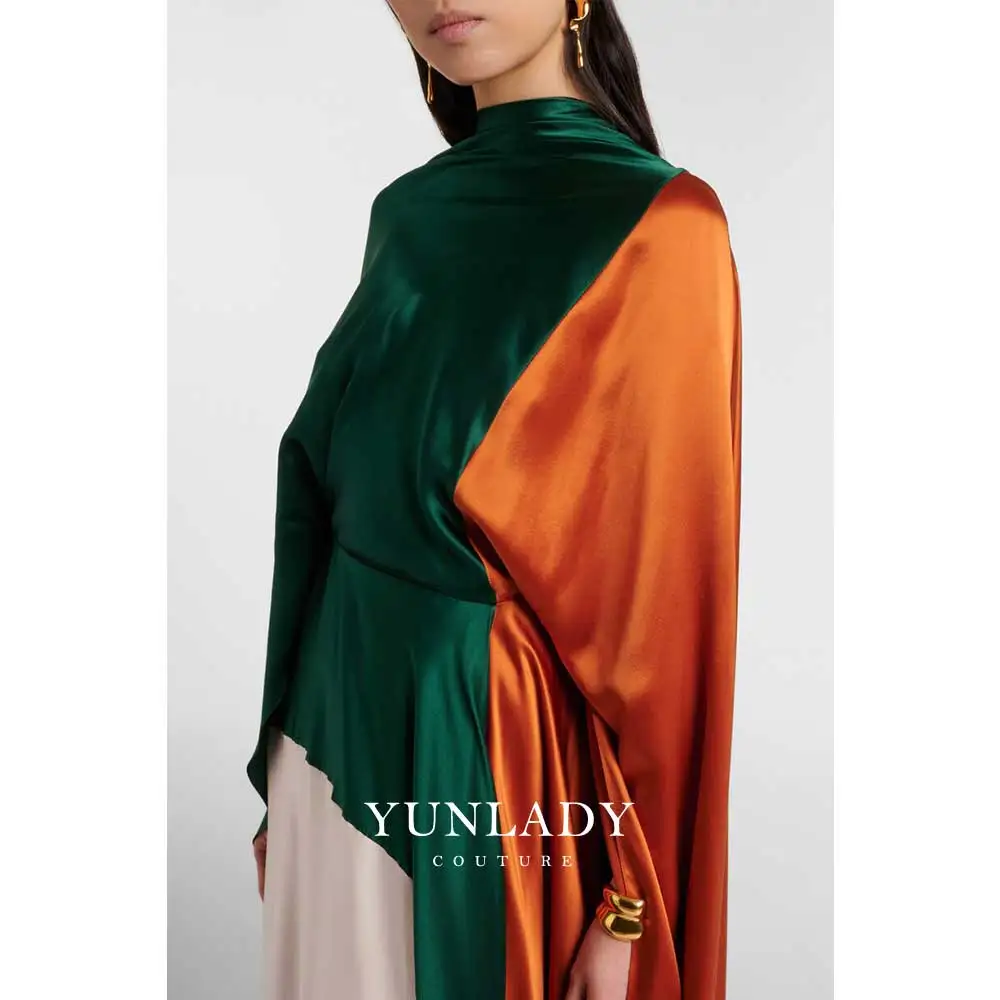 YUNLAN Customized Elegant Saudi Arabian Green Silk Crepe Shawl-Style Maxi Evening Gown, Wedding Guest Cover-Up Robe for Women view 4