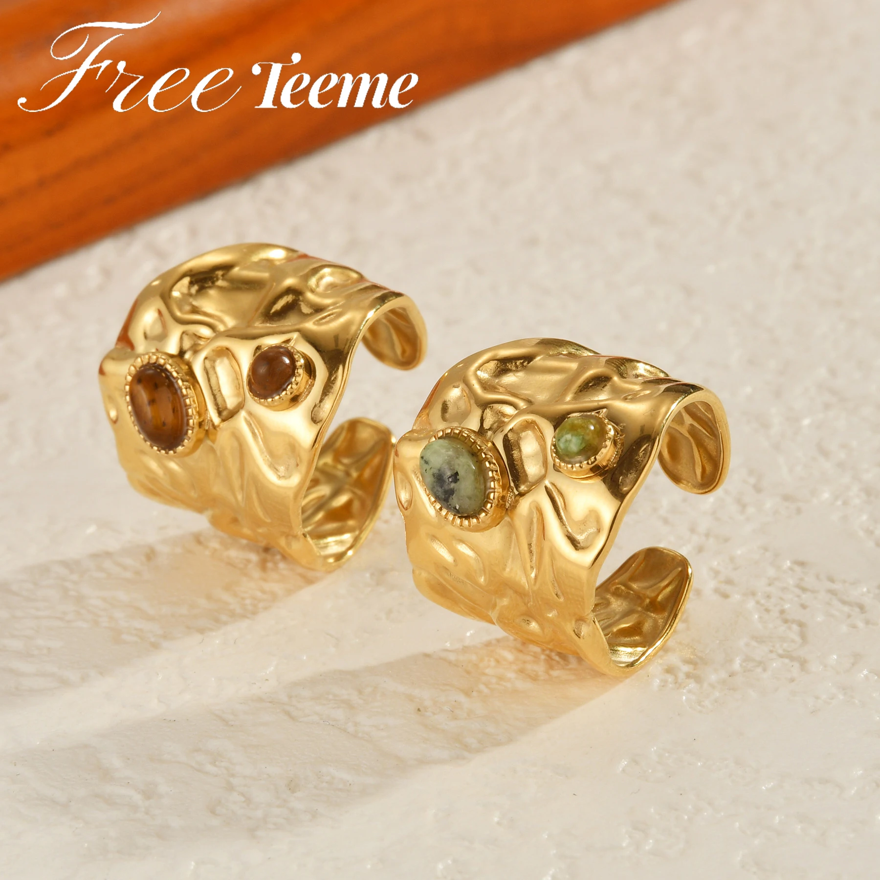 Freeteeme Irregular wrinkled Open Ring for Women 18K Gold Plated Stainless Steel Inlaid Green Stone Rings Jewelry Christmas Gift