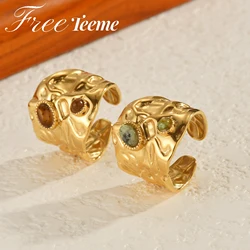 Freeteeme Irregular wrinkled Open Ring for Women 18K Gold Plated Stainless Steel Inlaid Green Stone Rings Jewelry Christmas Gift