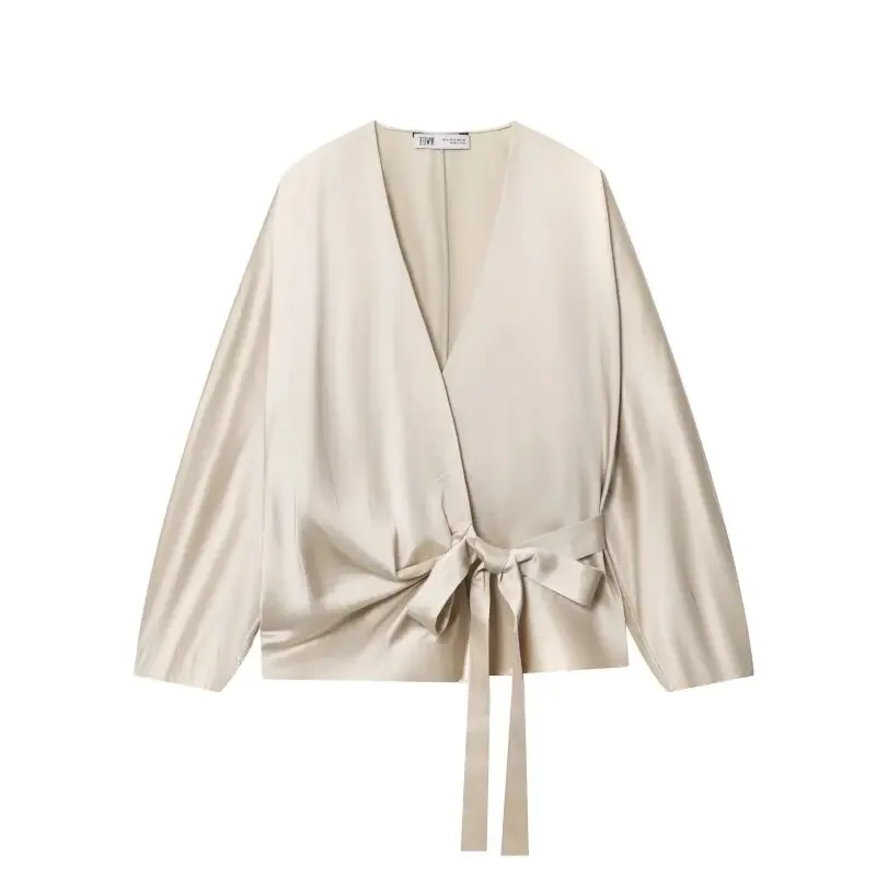 

Flax Blended Fabric V-Neck Thin Shirt Autumn Elegant Long Sleeves Loose Tops Office Lady Waist Lacing Bow Decoration Streetwear