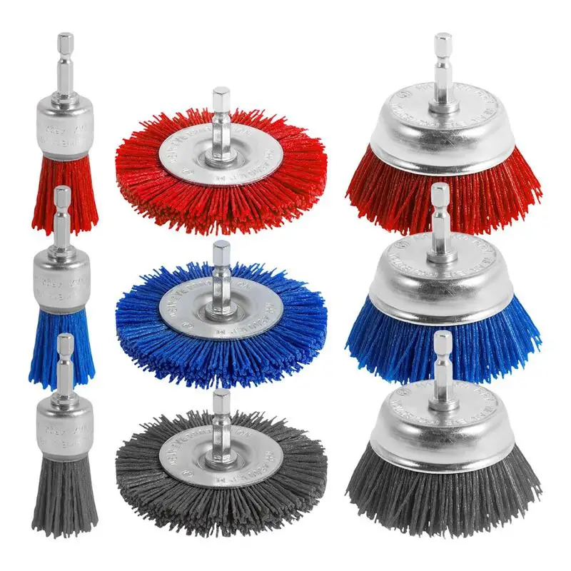 

Abrasive Wire Brush Wheel Nylon Filament Wire Bristle Drill Wheel Kit Versatile Abrasive Brushes 1/4 Inch Hex Shank 9-Piece Set