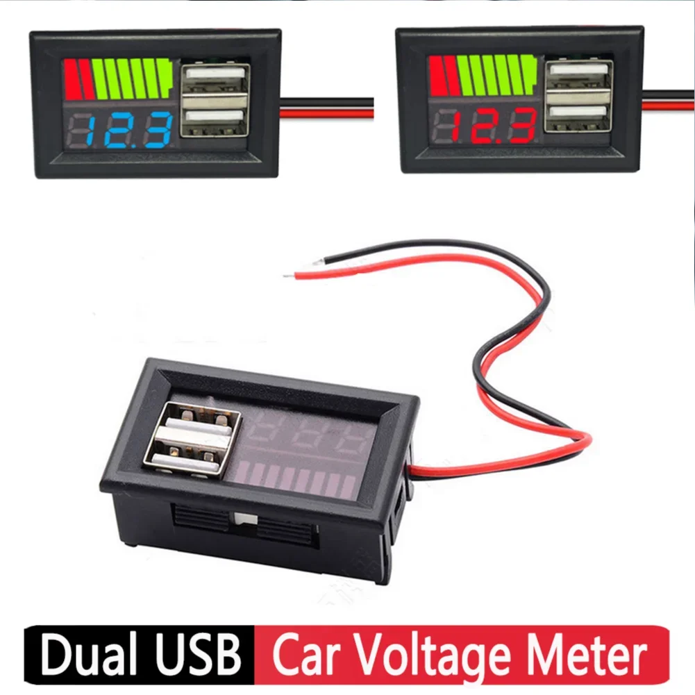 12V Car Voltmeter Voltage Meter Panel Dual USB Output 5V 2A Battery Capacity Indicator Power Tester for Lead Acid Battery