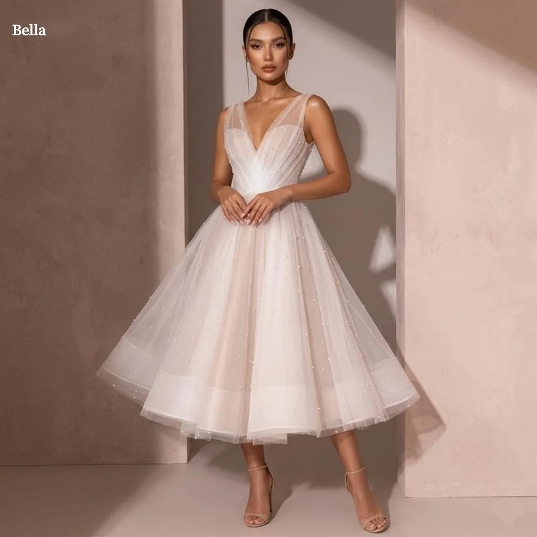 

Bella Customized White Beaded Tulle Prom Dress V Neck Midi A Line robes de soirée Elegant Formal Evening Party Dresses Wedding