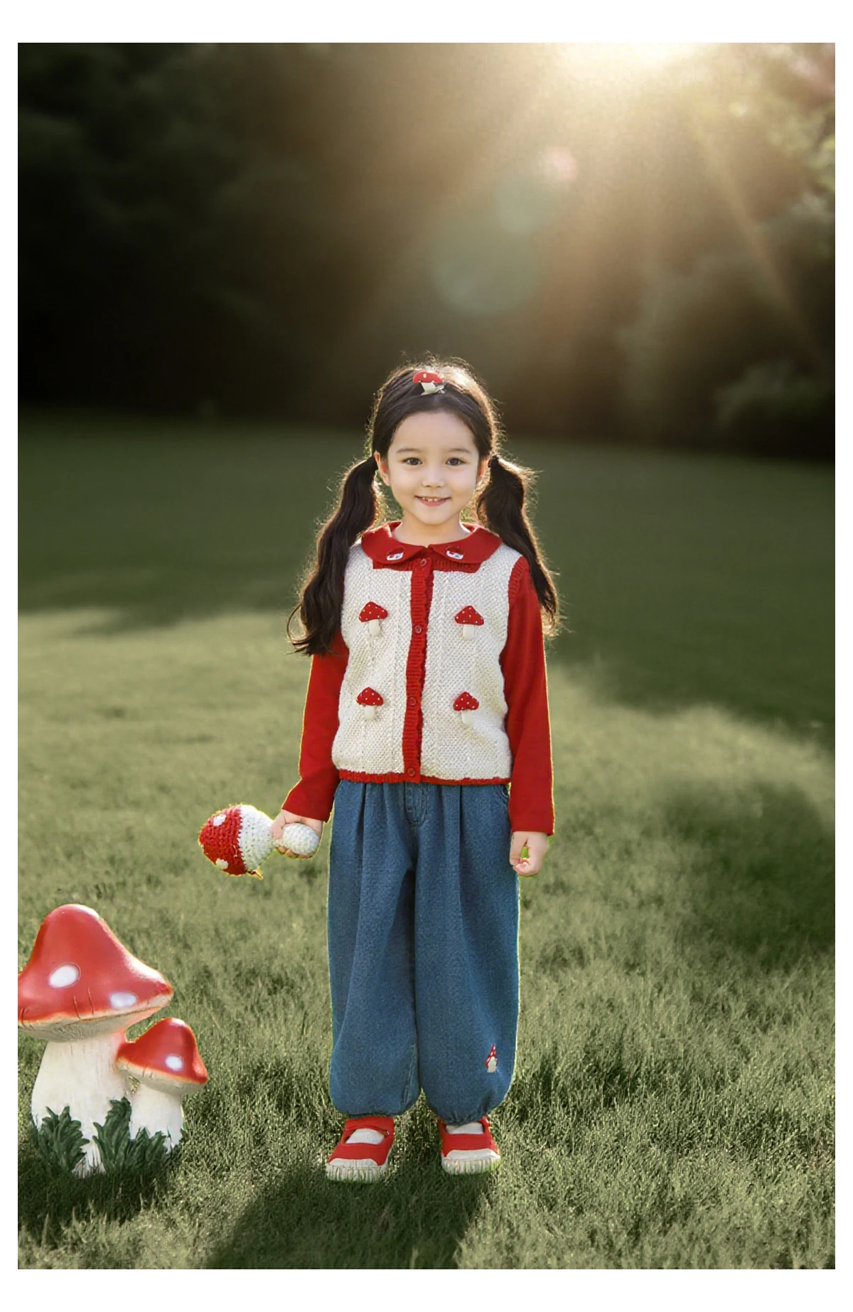 

Жаккардовый вязаный жилет без рукавов из смеси шерсти для девочек в лесном стиле, осенняя игривая милая кукла-гриб для детей 1-7 лет