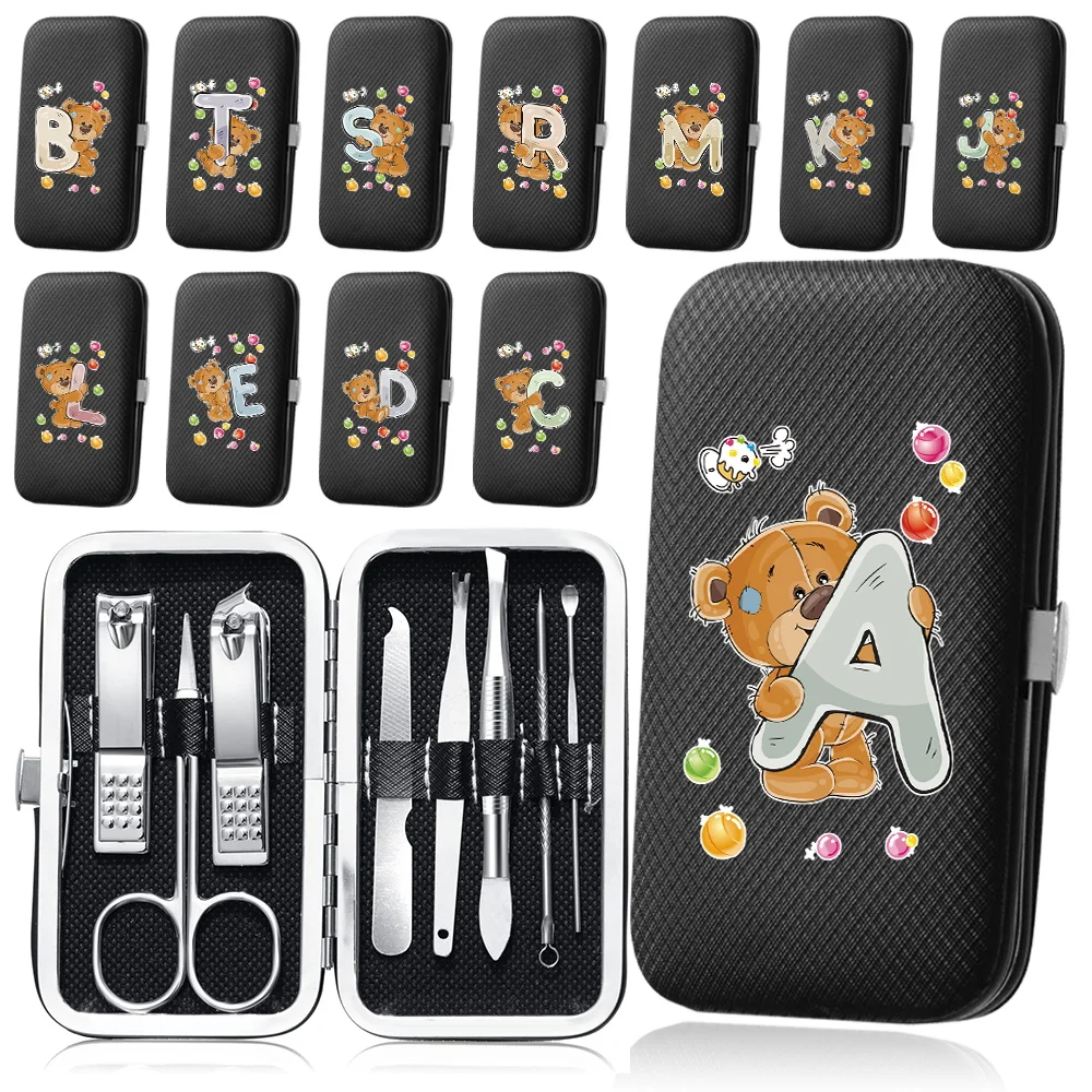 

8Pcs Stainless Steel Nail Clipper Manicure Set Case Pocket Pedicure Kit Portable Organizer Bear Letter Pattern Grooming Tool