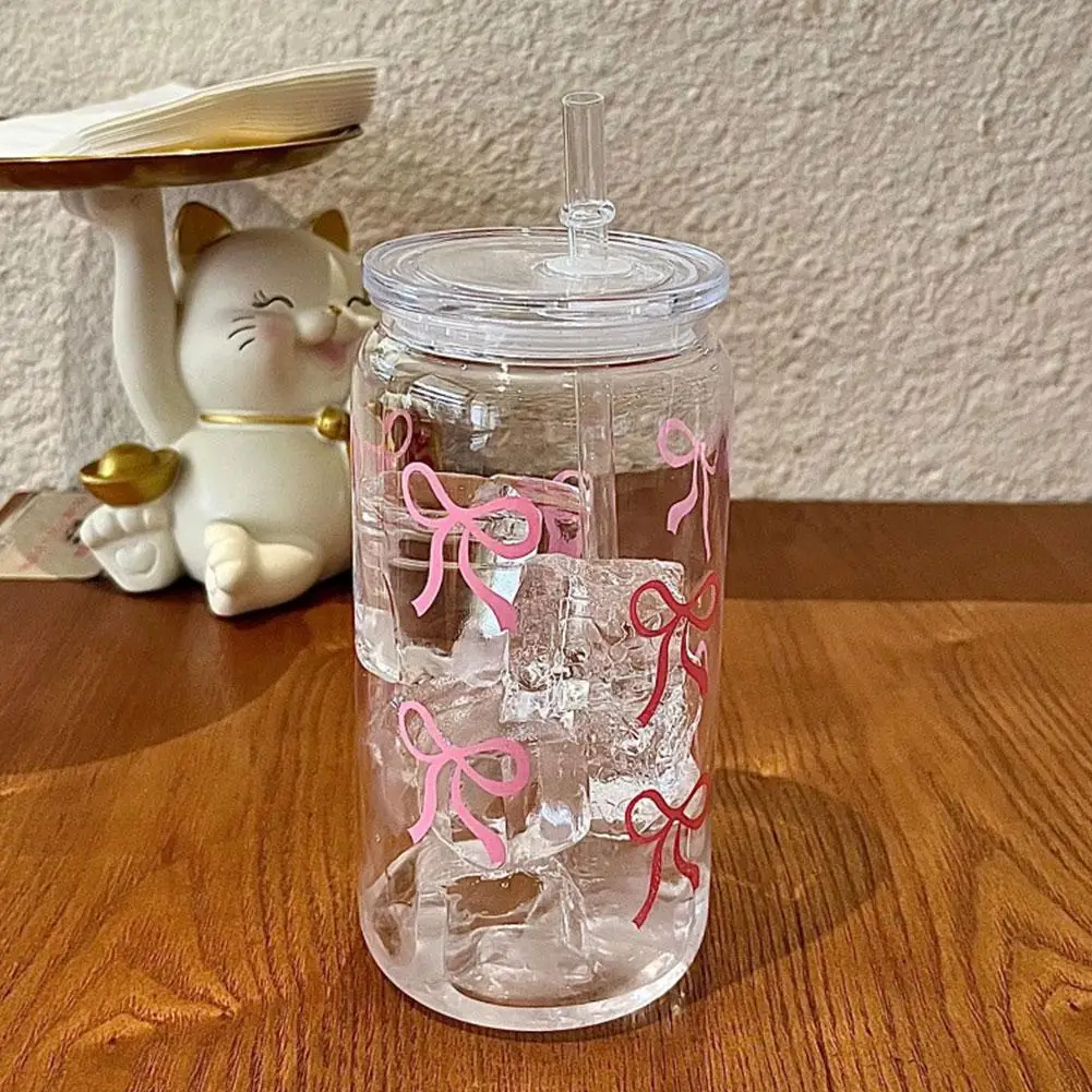 

1Pcs Creative Pink Bow Plastic Cup With Lids Straw Ice Coffee Juice Cup Jar Shaped Coffee Cups Portable Water Bottle Gifts