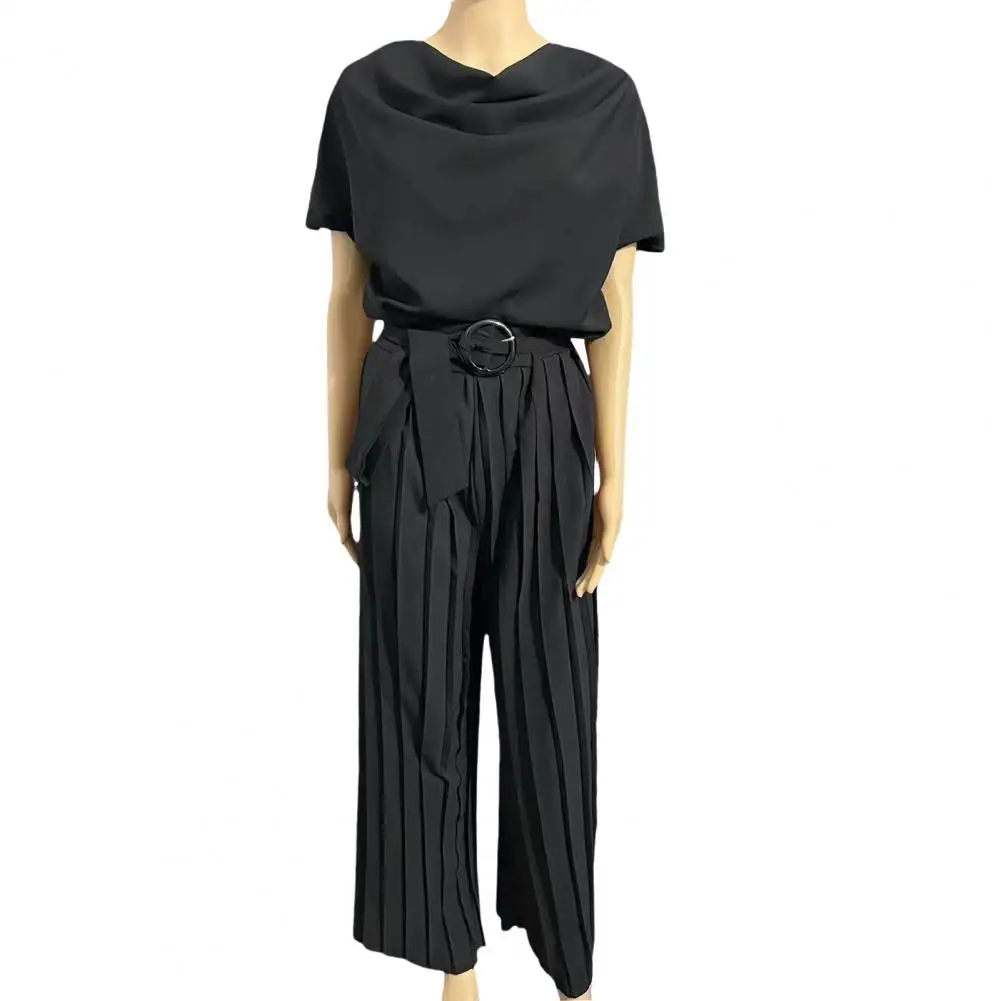 Short Sleeve Jumpsuit Elegant Women's Wide Leg Jumpsuit with Belted Waist Pleated Collar for Formal Occasions Office Wear Lady