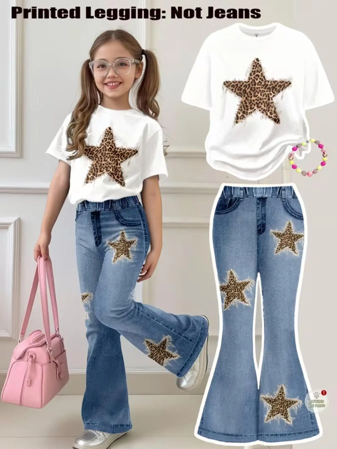 Girls' Leopard Print Star-Patterned Set: Casual Short-Sleeve Top + Versatile Faux Denim Long Pants Two-Piece Set Suitable for Girls Aged 4-12, Fashionable Clothing for Home and Outings
