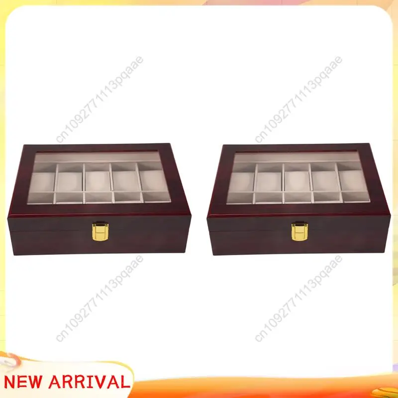 

N84R 2X Luxury Wooden Watch Box Watch Holder Box For Watches Men Glass Top Jewelry Organizer Box 10 Grids Watch Organizer