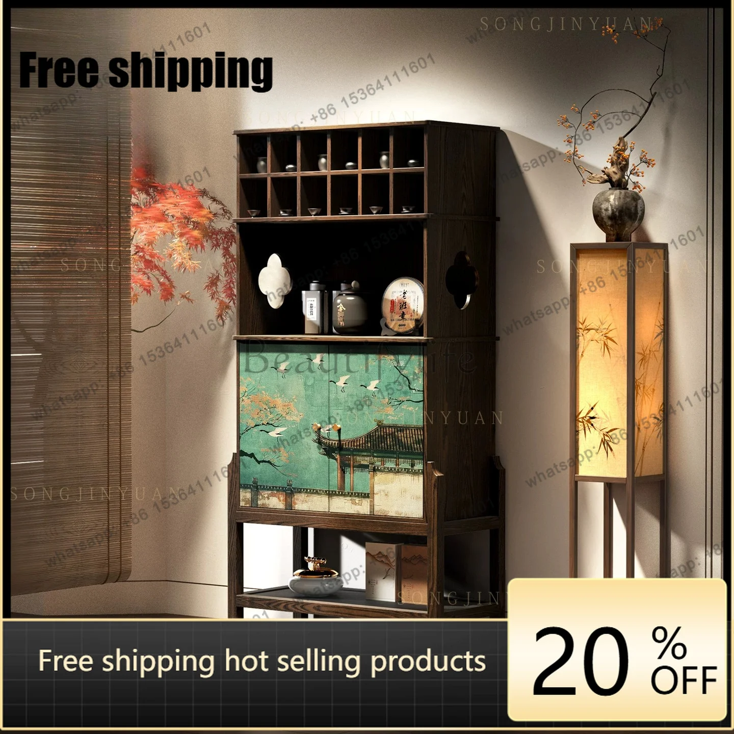 LX decorative solid wood high cabinet tea room open grid storage model room vertical cabinet
