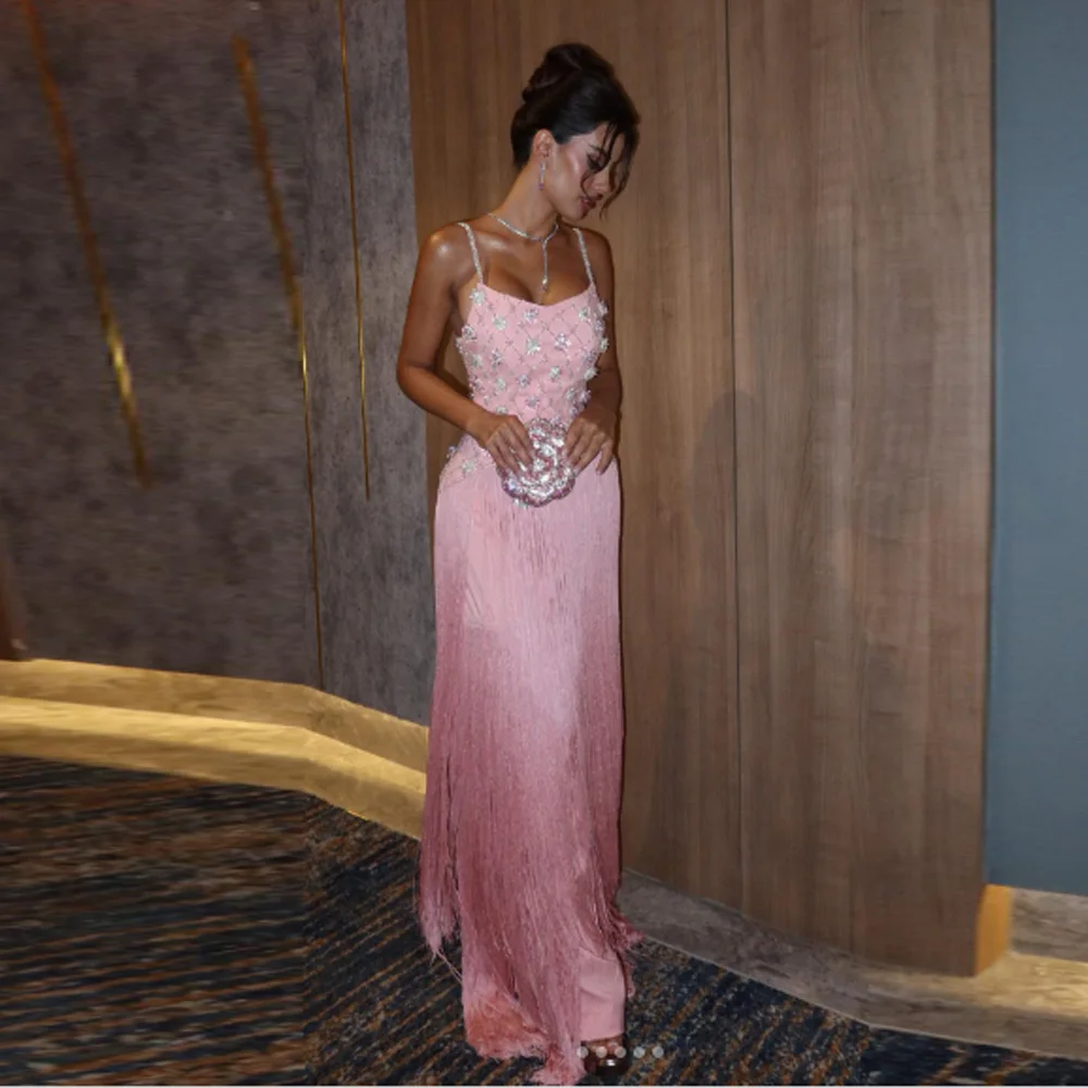 

Customized Luxury Pink Jersey Evening Dress Formal Spaghetti Straps Sleeveless Prom Dresses Delicate Beading Tassel Party Dress