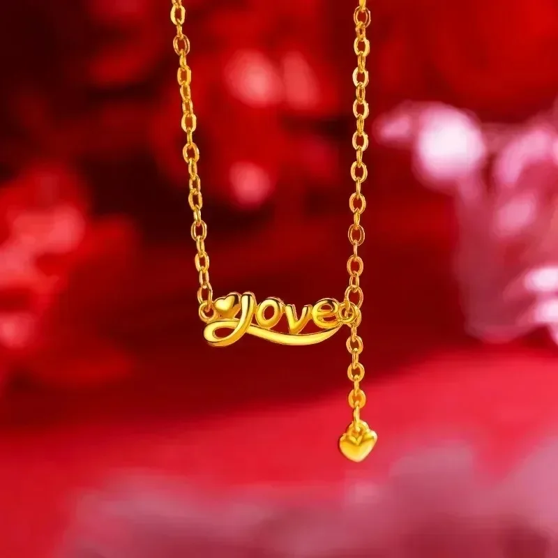 VivoGold 9999 24K Real Yellow Gold Sweet Fashion 'Love' Necklace for Collarbone Enhancement