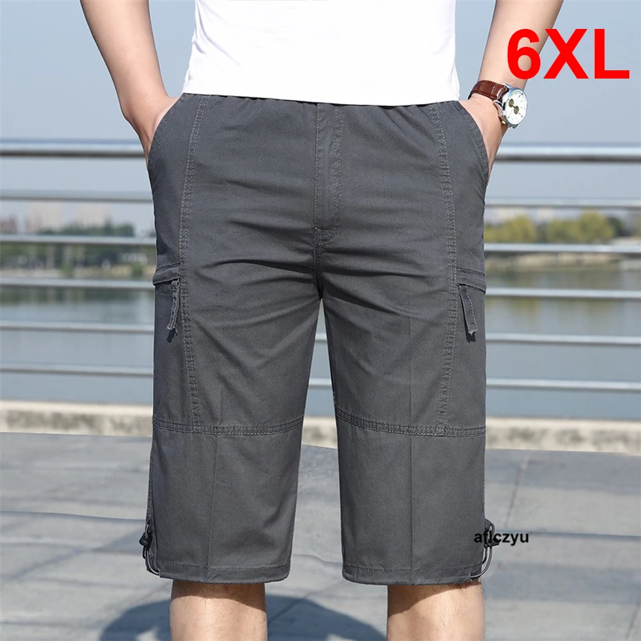 

Cargo Calf-length Pants Men Solid Color Cargo Pants Plus Size 6XL Fashion Casual Elastic Waist Straight Pants Male