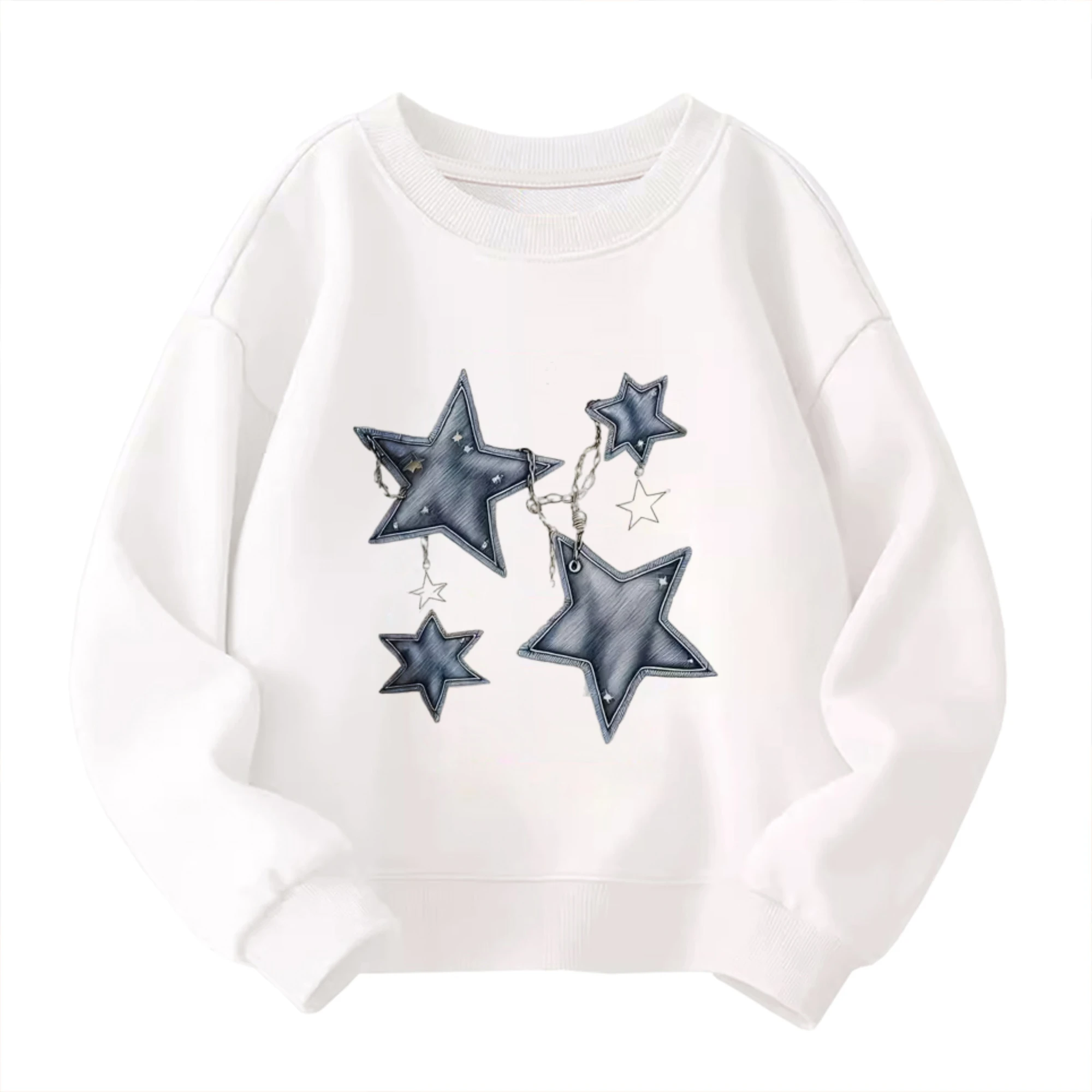 سويت شيرت قطني للأطفال مصنوع من قماش الدنيم ورسومات على شكل نجمة للأولاد والبنات على طراز الشارع الحضري  #5