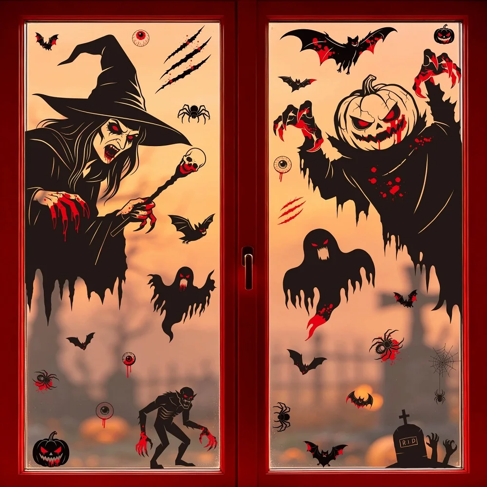Halloween Decoration Decals Scary Death Gods Ghost Pumpkin Head Bats Electrostatic Stickers Halloween Party Glass Stickers