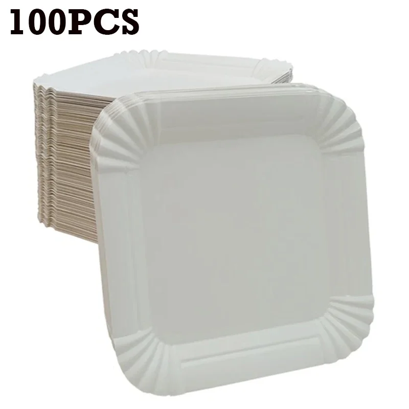 100pcs Square White Paper Plates Disposable Tableware Plate Dishes For Fruit Cake Dessert Snacks Food Festival Party Supplies