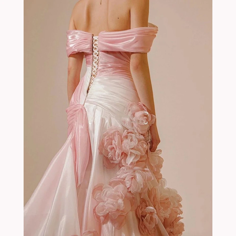 Customized Women Dress Gradual Pink Gradient Formal Dress with Roses Strapless Sleeveless Elegant Chic Evening Party Gown