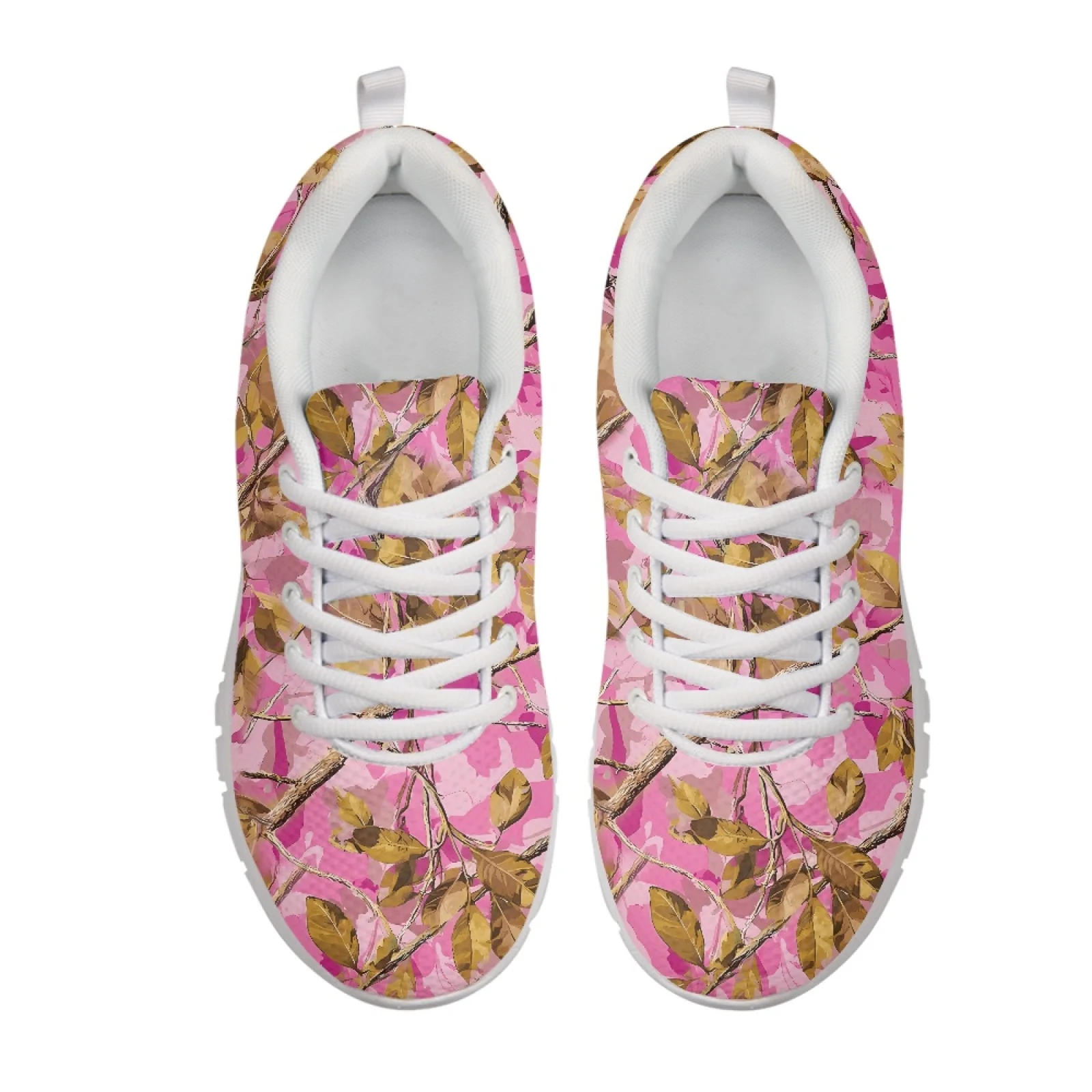 Coloranimal Pink Leaf Camo Print Running Sneakers Mesh & EVA Sole Tennis Shoe Lace Up Walking Sneakers for Womens