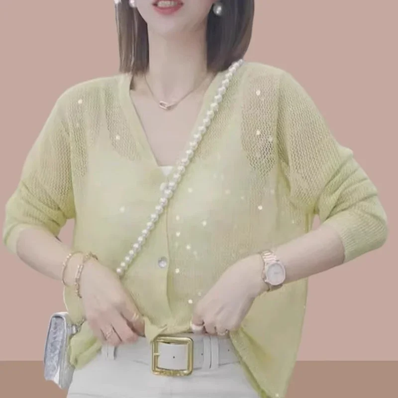 Cardigan tricoté pour femmes, pull d'été fin à manches longues, simple boutonnage, chemise de protection solaire, tempérament, paillettes, col en v, haut ample