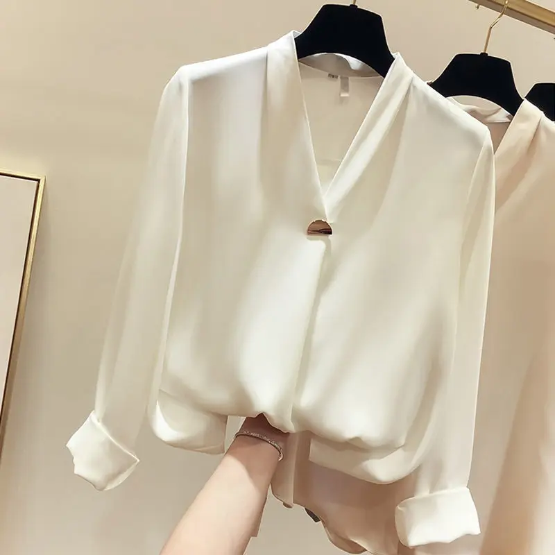 Solid Color Loose Temperament Blouse Women New Classic Long Sleeve V-neck Korean Office All-match Pullover Chiffon Shirt