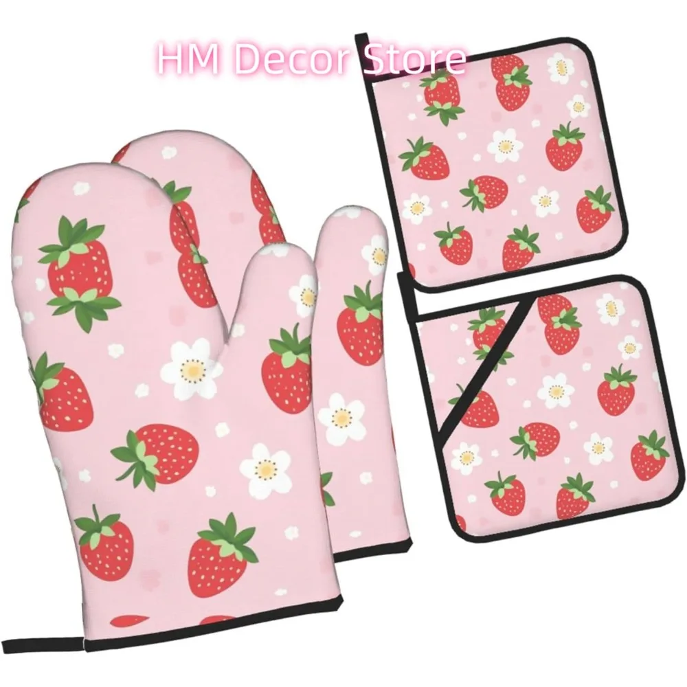 Juego de 4 manoplas para horno y ollas con flores de fresa, manoplas para horno resistentes al calor de primavera, guantes de cocina antideslizantes para kit