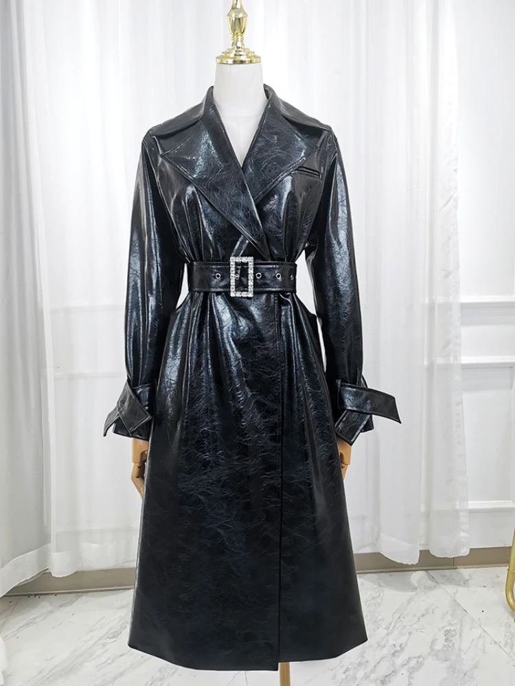 Sexy Fashion Black Patent Leather Windcheater Women Autumn Winter High Quality Hollow Diamond Buckle Belt Fashion Commuter Coat