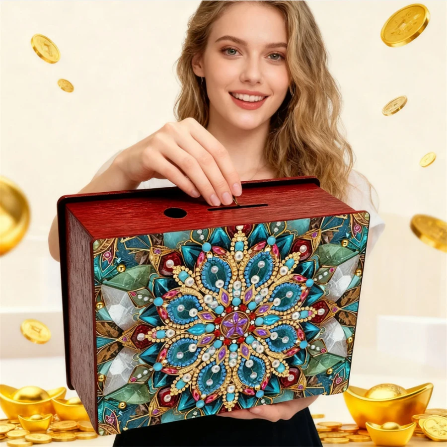 

Mandala Diamond Painting Money Saving Box Wooden Coin Bank Desktop Diamond Art Kits Rhinestones Desktop Ornaments for Home Decor