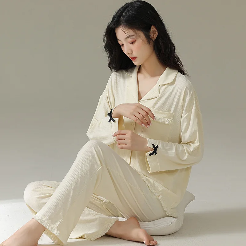 White Moonlight Pajamas Women's Autumn New Cotton Collar Small Fragrant Style High End Long Sleeve Pants Home Clothes Set Female