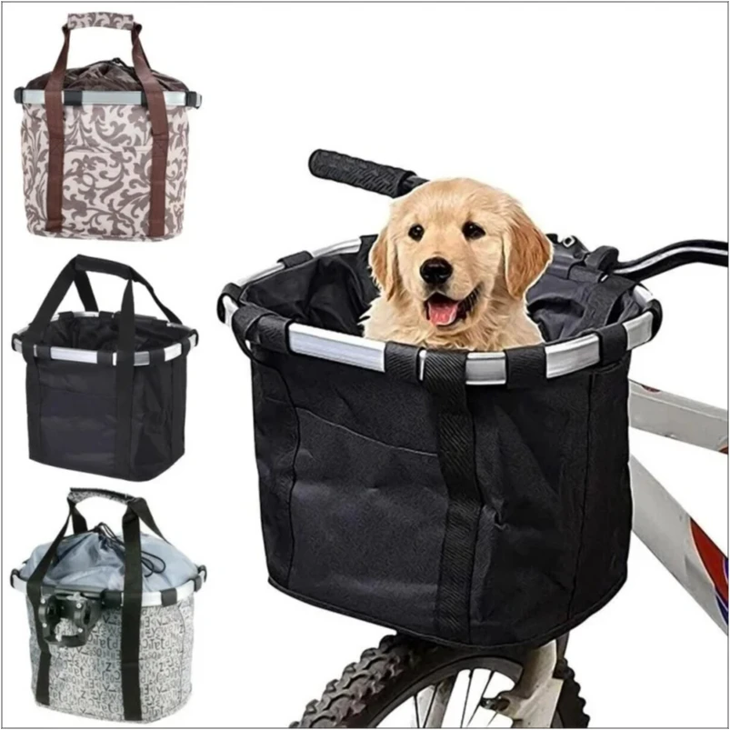 Bicycle Front Basket Bike Small Pet Dog Carry Pouch 2in1 Detachable MTB Cycling Handlebar Tube Hanging Fold Baggage Bag 5KG Load