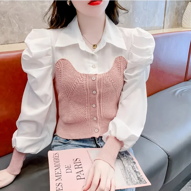 Women\'s Spring Autumn New Korean Commute Bubble Sleeve Spliced Polo Collar Knitted Shirts Fashion Button Ruched Long Sleeve Tops