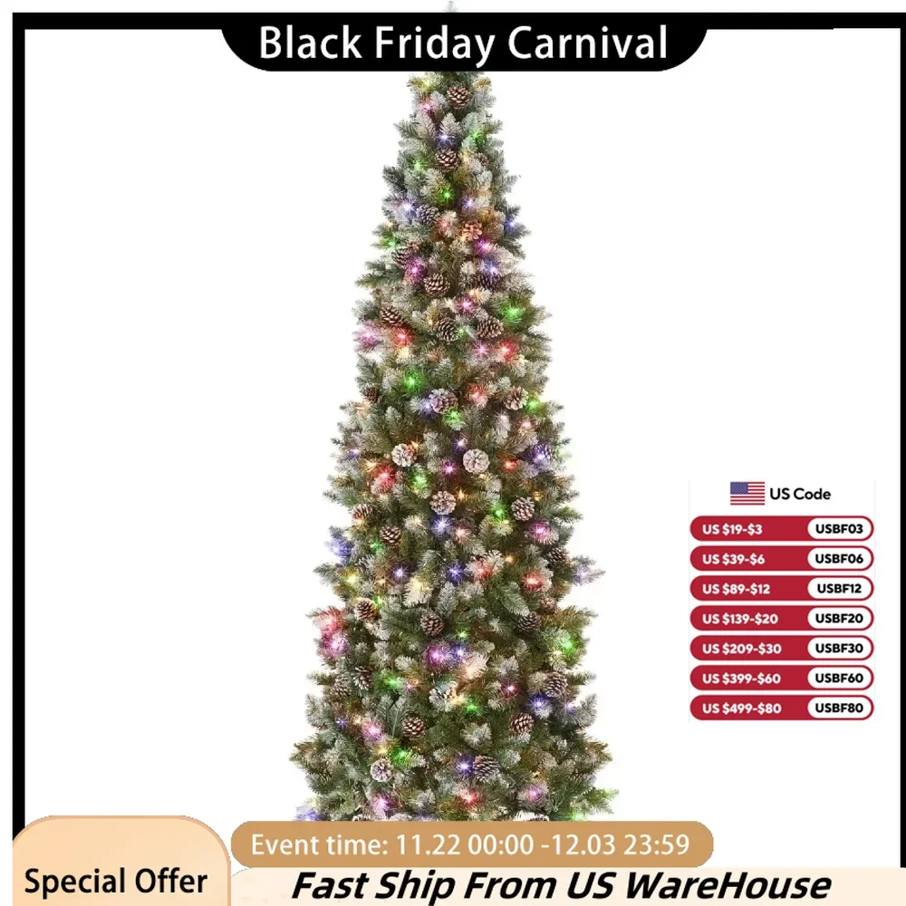 12FT Pre-Installed Pencil Christmas Tree, Partially Covered and Frosted Slimming Holiday Tree Decorative Strip 2-in-1 Light